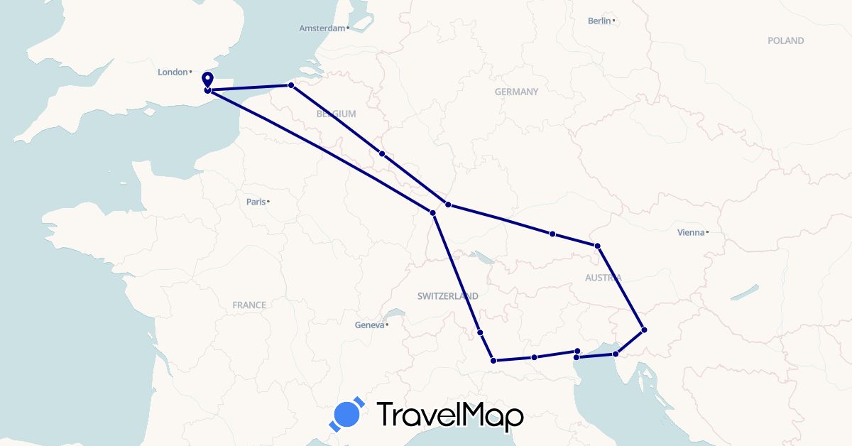TravelMap itinerary: driving in Austria, Belgium, Germany, France, United Kingdom, Italy, Luxembourg, Slovenia (Europe)